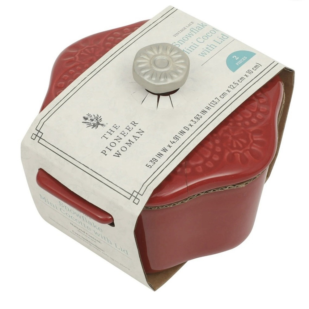 Pioneer Woman Snowflake Mini Cocotte With Lid Stoneware Red Christmas Holidays